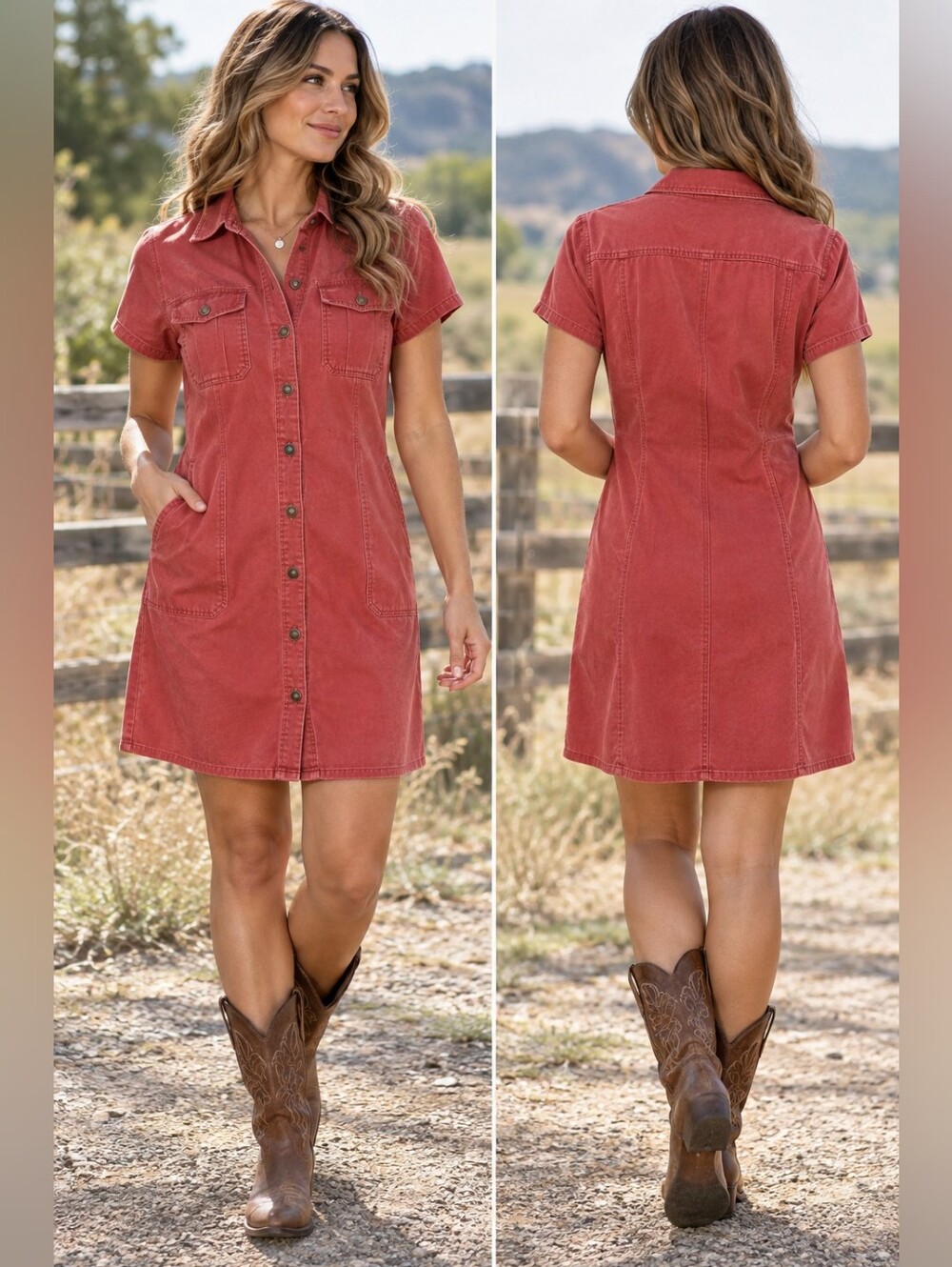 Vtg Y2k Faded Glory Red Shirt Dress Womens Button Front Utility Cotton Preppy M